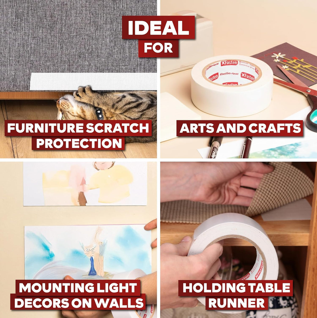 Double Sided Tape, Removable, 1-Inch by 20-Yard (Pack of 3) Ideal as a Gift Wrap Tape, Holding Carpets, and Woodworking