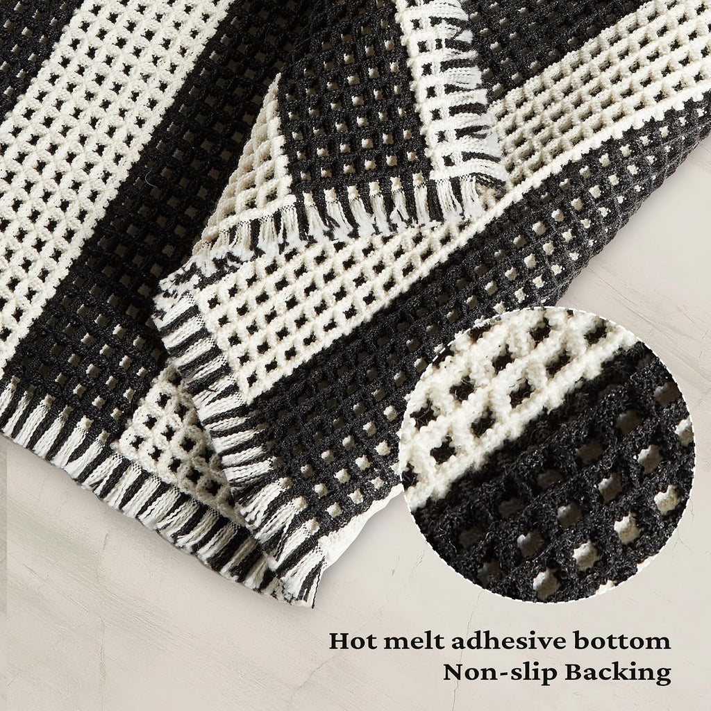 2 Piece Waffle Bathroom Rugs Checkered Bath Mat Set (17"x24" & 18"x30"), Black and White Weave Bathroom Rugs with