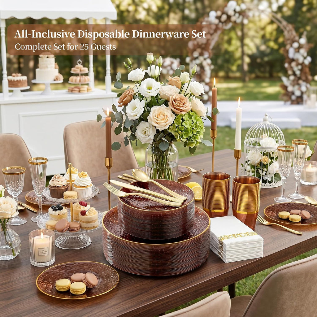 175PCS Amber Plastic Dinnerware Set for 25 Guests