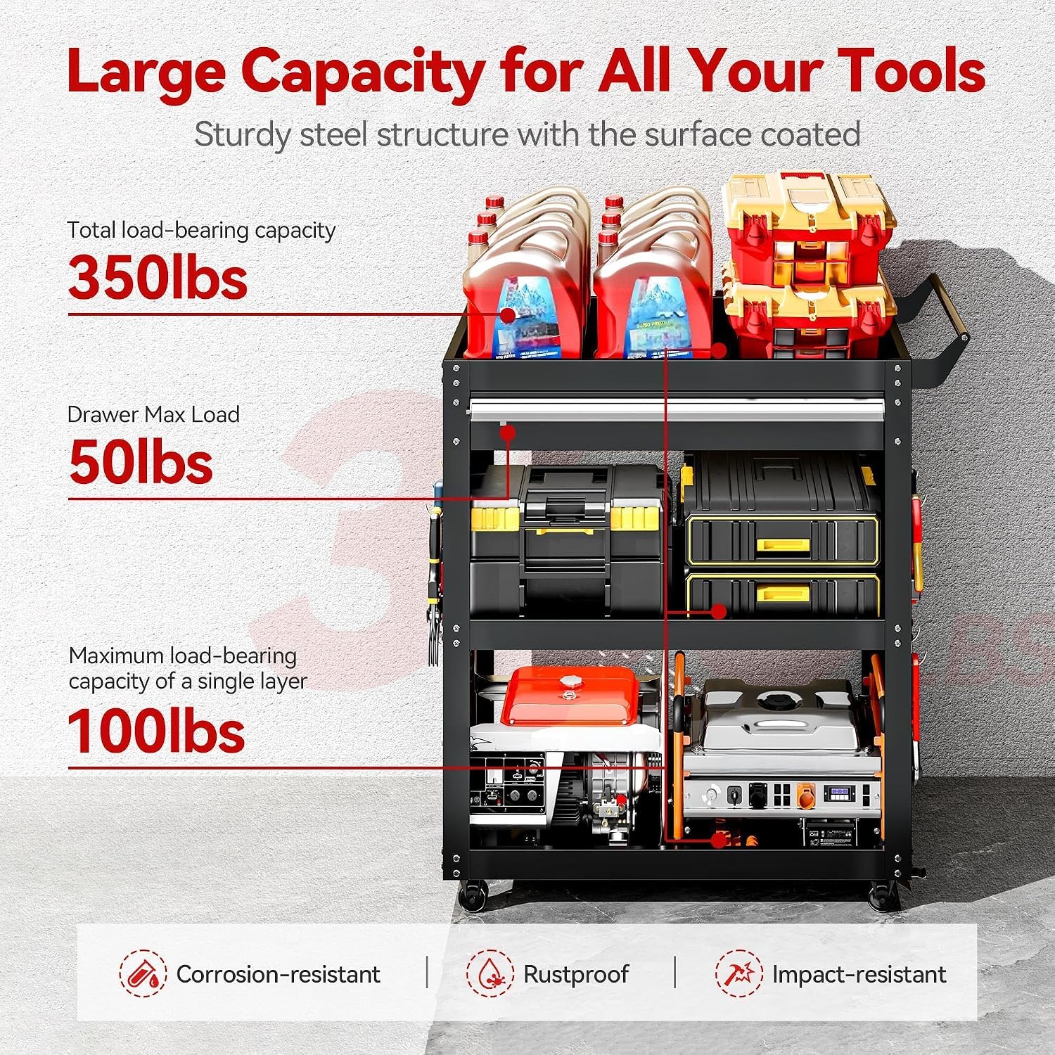 3-Tier Rolling Tool Cart with Drawer & Pegboard | 750LBS Load Capacity, Black Steel Rolling Tool Cart ,Mobile Utility