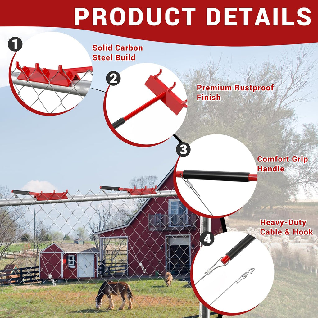 Chain Link Fence Top Rail Tensioner Tool, Heavy-Duty Steel Stretcher with 3 Hooks & 28" Cable Hook, 300 lbs Pull