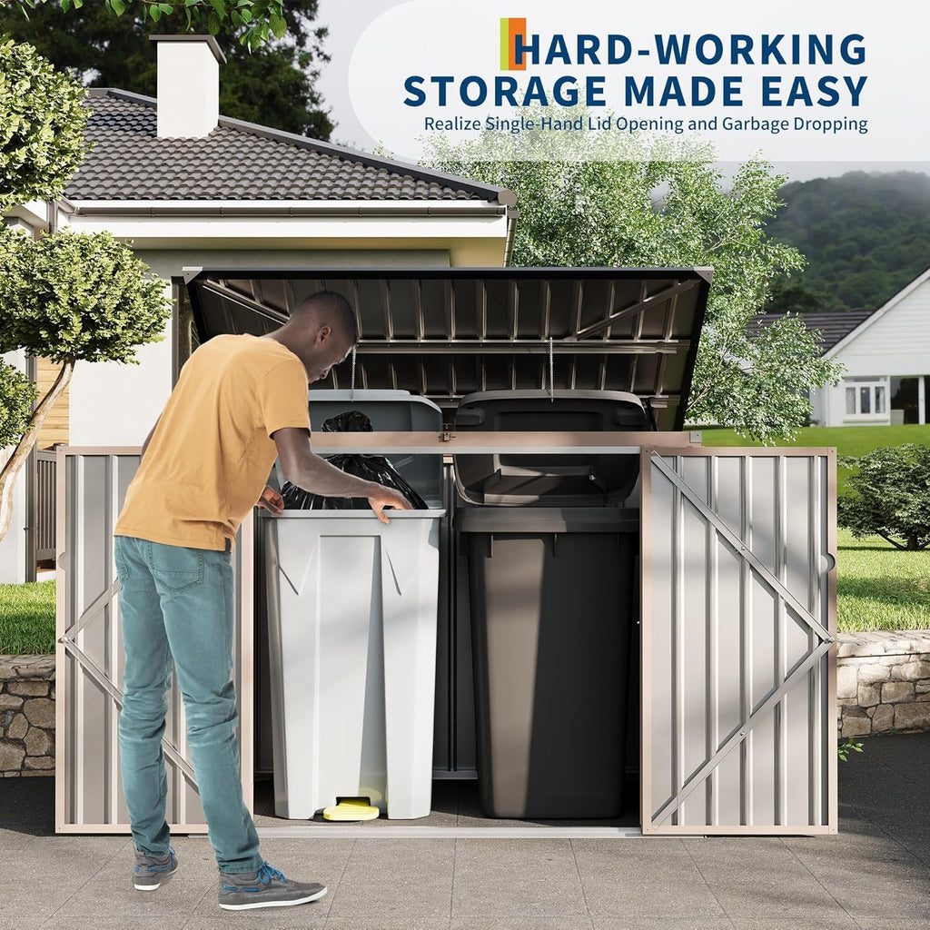 3x6 FT Metal Trash Can Shed, 2-Bin Outdoor Garbage Storage with Chain Lid | Weather-Resistant Bin Enclosure for