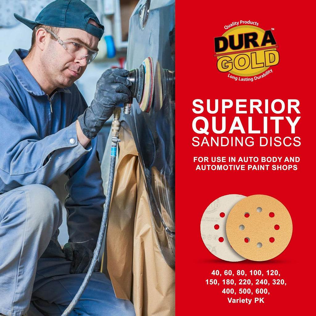 Dura-Gold 5" Gold Sanding Discs, 80 Grit, Box of 50, 8 Hole Pattern, H & L