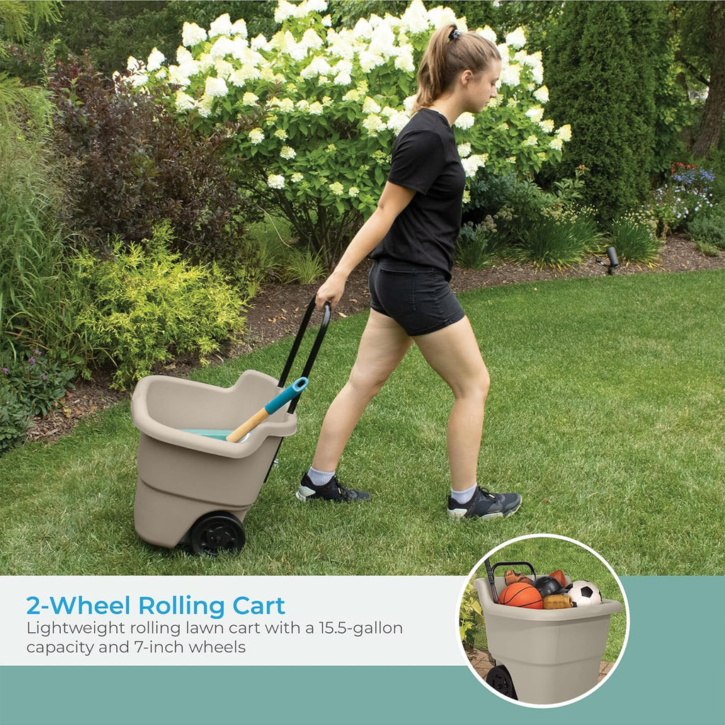 Garden Cart on Wheels, Taupe 15.5-Gallon Resin Outdoor Utility Yard Cart for Seniors, Lightweight 2 Wheel Wheelbarrow