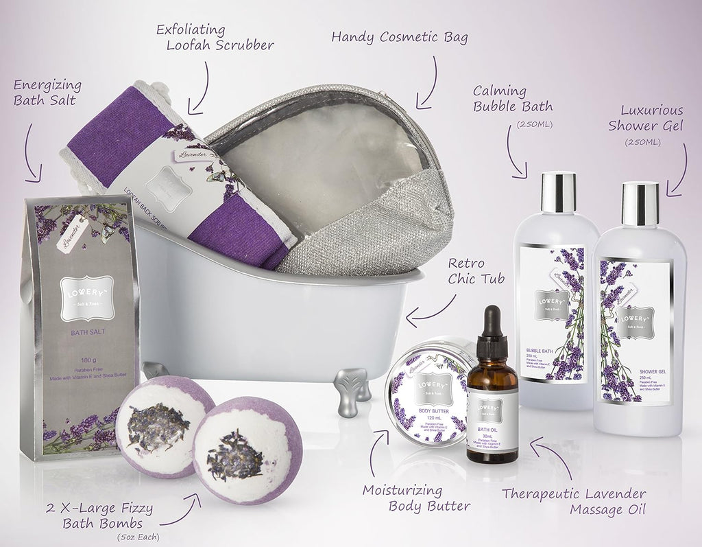 Bath Gift Basket Set for Women: Relaxing at Home Spa Kit Scented - Lavender and Jasmine with Large Bath Bombs, Salts