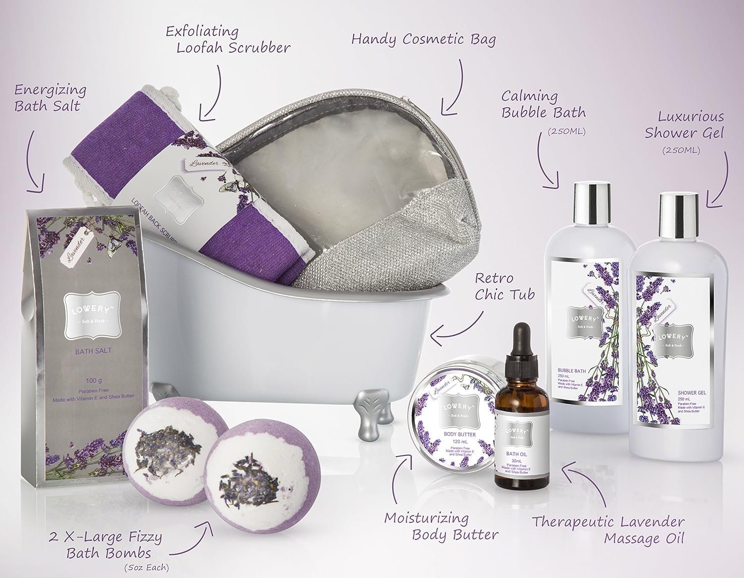 Bath Gift Basket Set for Women: Relaxing at Home Spa Kit Scented - Lavender and Jasmine with Large Bath Bombs, Salts