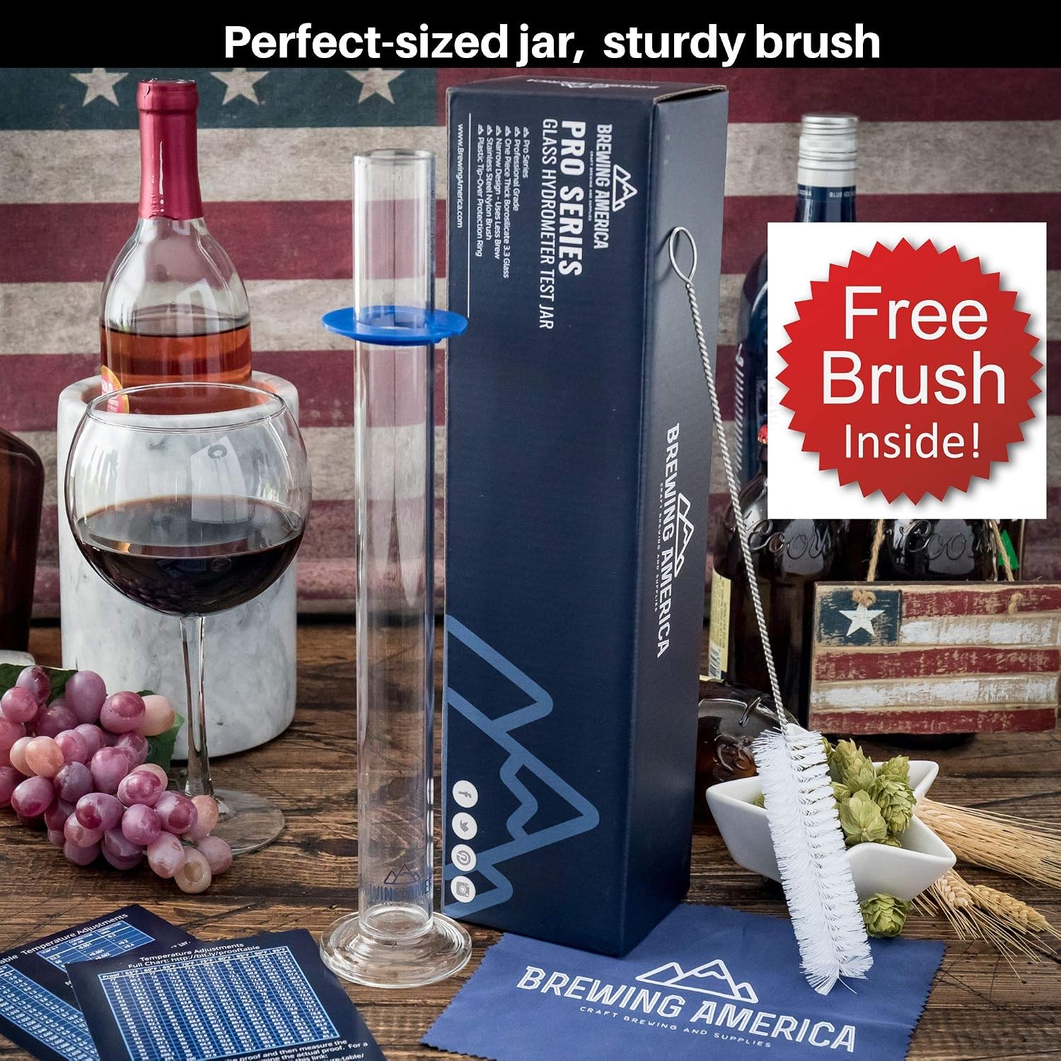 Glass Hydrometer Test Tube Jar & Cylinder Brush - Narrow Flask for Alcohol by Volume Test - Moonshine, Homebrew Beer