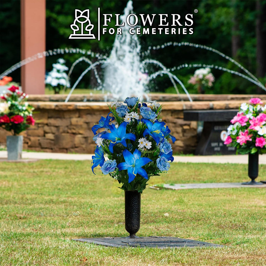Artificial Cemetery Flowers - Gravesite Flowers - Blue Lily and Rose with White Daisies