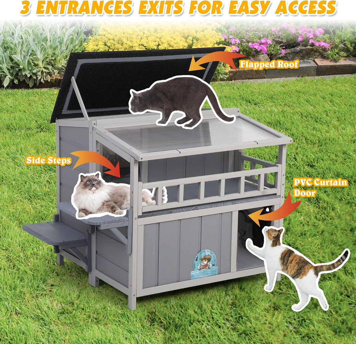 2-Story Insulated Outdoor Cat House with Balcony Weatherproof Summer Cool Cat Shelter with 0.2-inch Insulation Layer