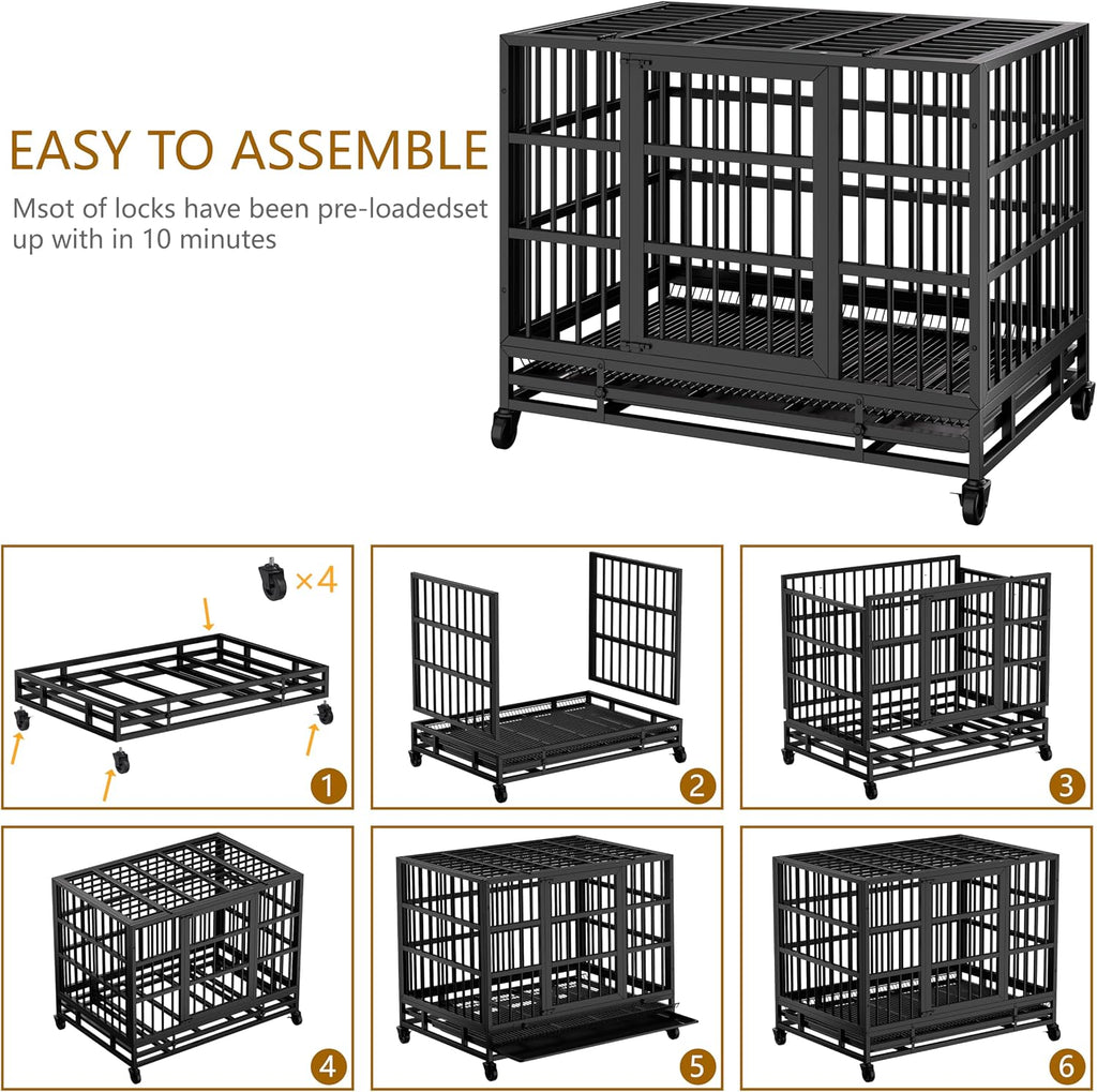 JY QAQA Heavy Duty Dog Crate, 38 Inch Indestructible Metal Kennel with Double Doors, Escape Proof Cage for Large Dogs