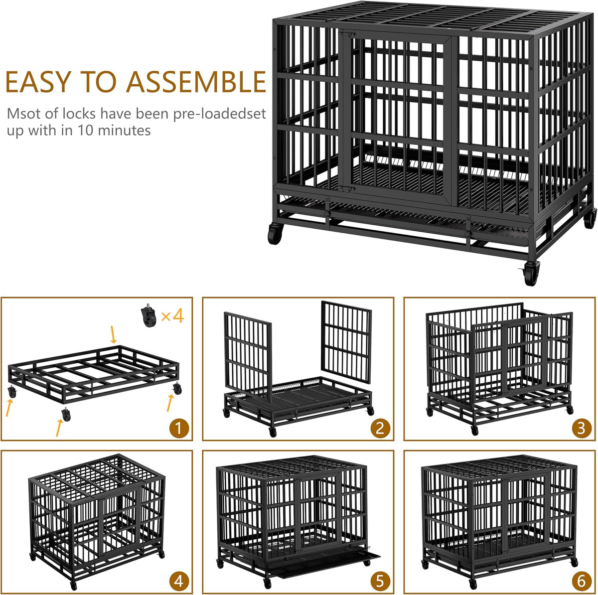 JY QAQA Heavy Duty Dog Crate, 38 Inch Indestructible Metal Kennel with Double Doors, Escape Proof Cage for Large Dogs