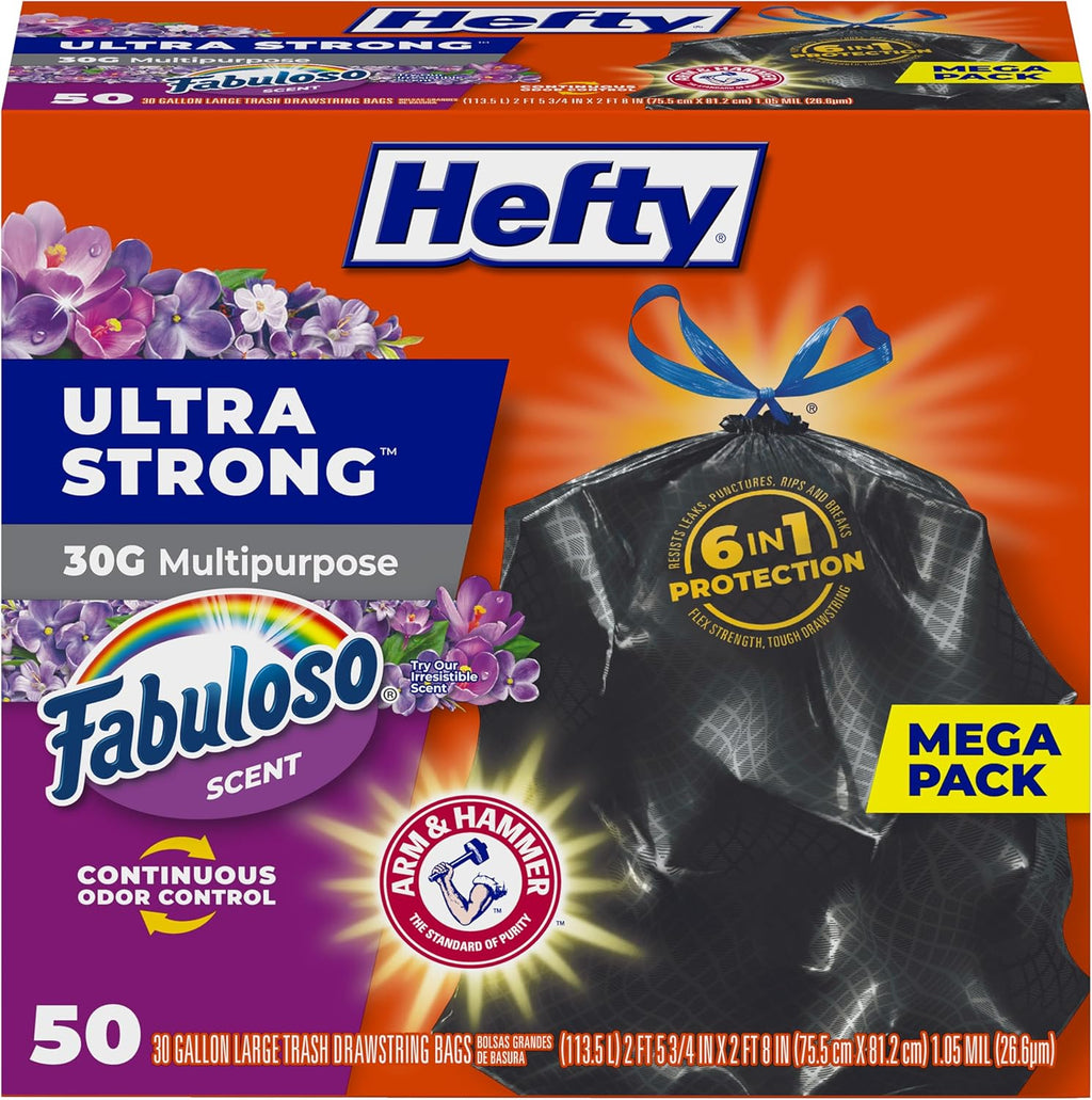 Ultra Strong 30 Gal Large Trash Bags, Black, Fabuloso Lavender, 50ct | 30G Large Black Trash Bags with Drawstrings