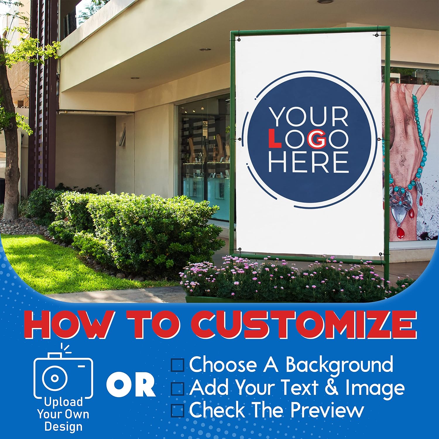 Custom Banners and Signs for Indoor Outdoor w/Any Image, Logo & Text Vinyl Banner | 5 Theme, 15 Font & 25 Background