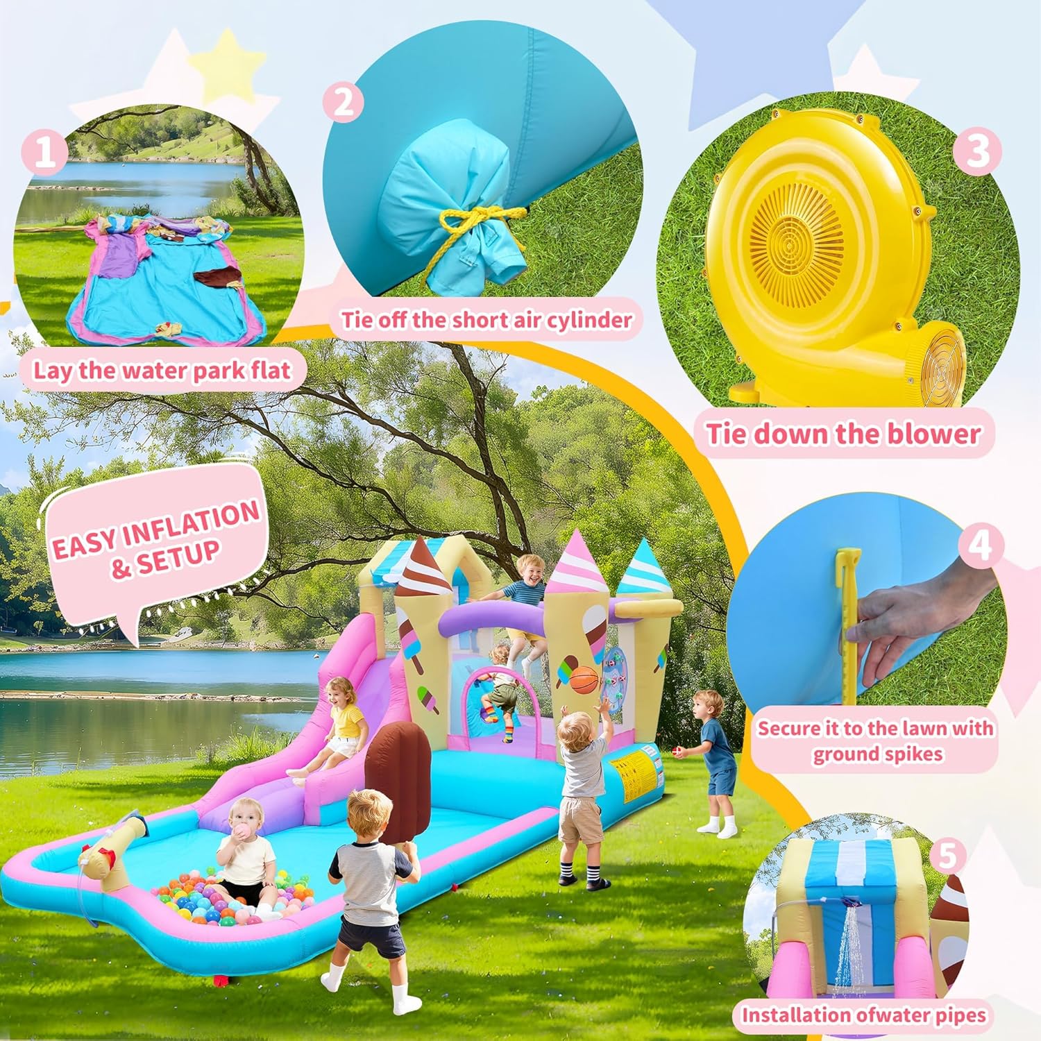 Inflatable Water Slide Bounce House, 8-in-1 Water Park with Water Cannon, Climbing Wall, Basketball Hoop & Splash