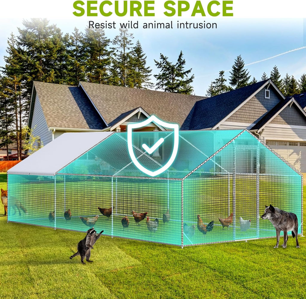 Large Walk-in Chicken Coop with Chicken Run, Galvanized Poultry Enclosure with Waterproof Anti-UV Cover and Security