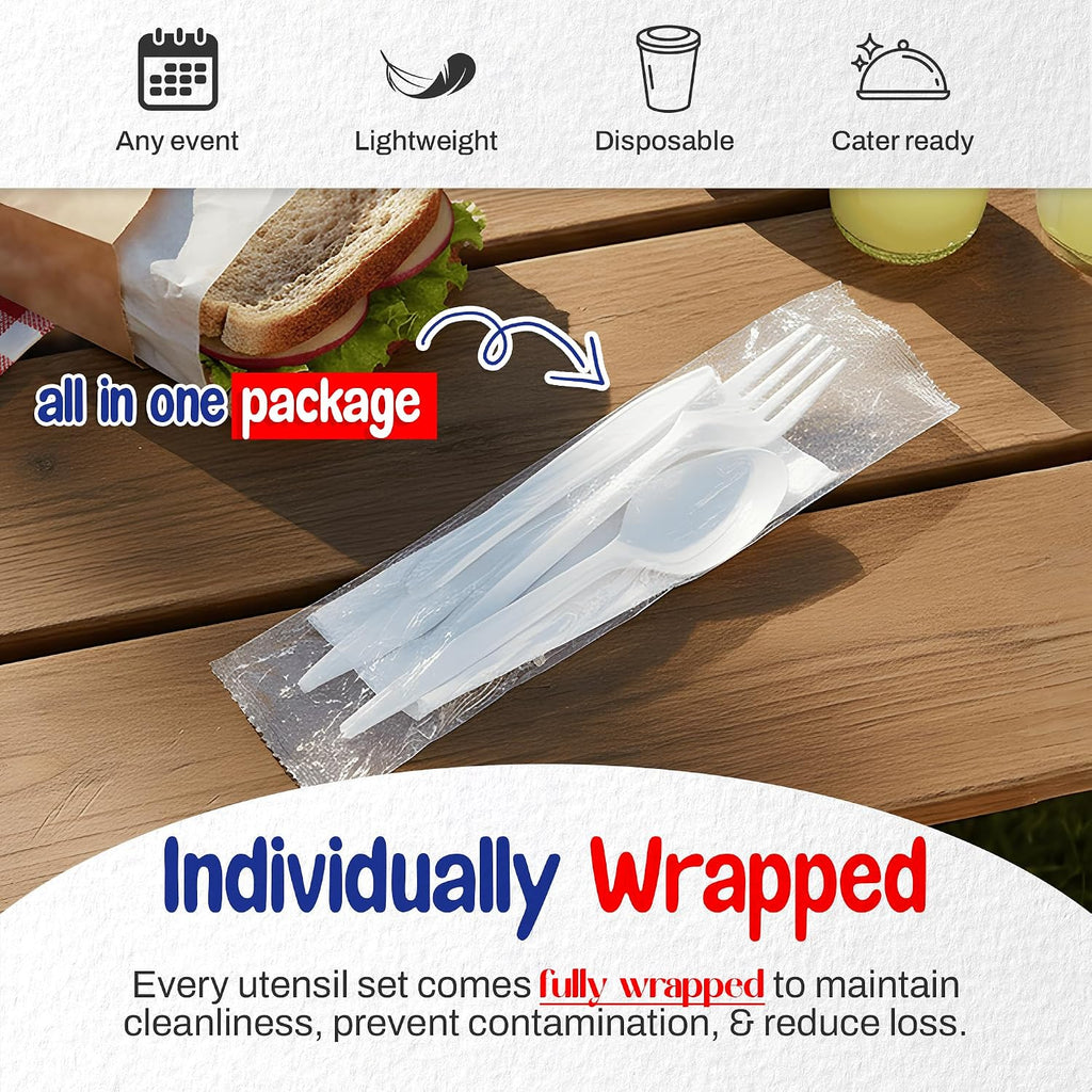 White Individually Wrapped Cutlery Plastic Utensils - Disposable Silverware Set - Pack of 50
