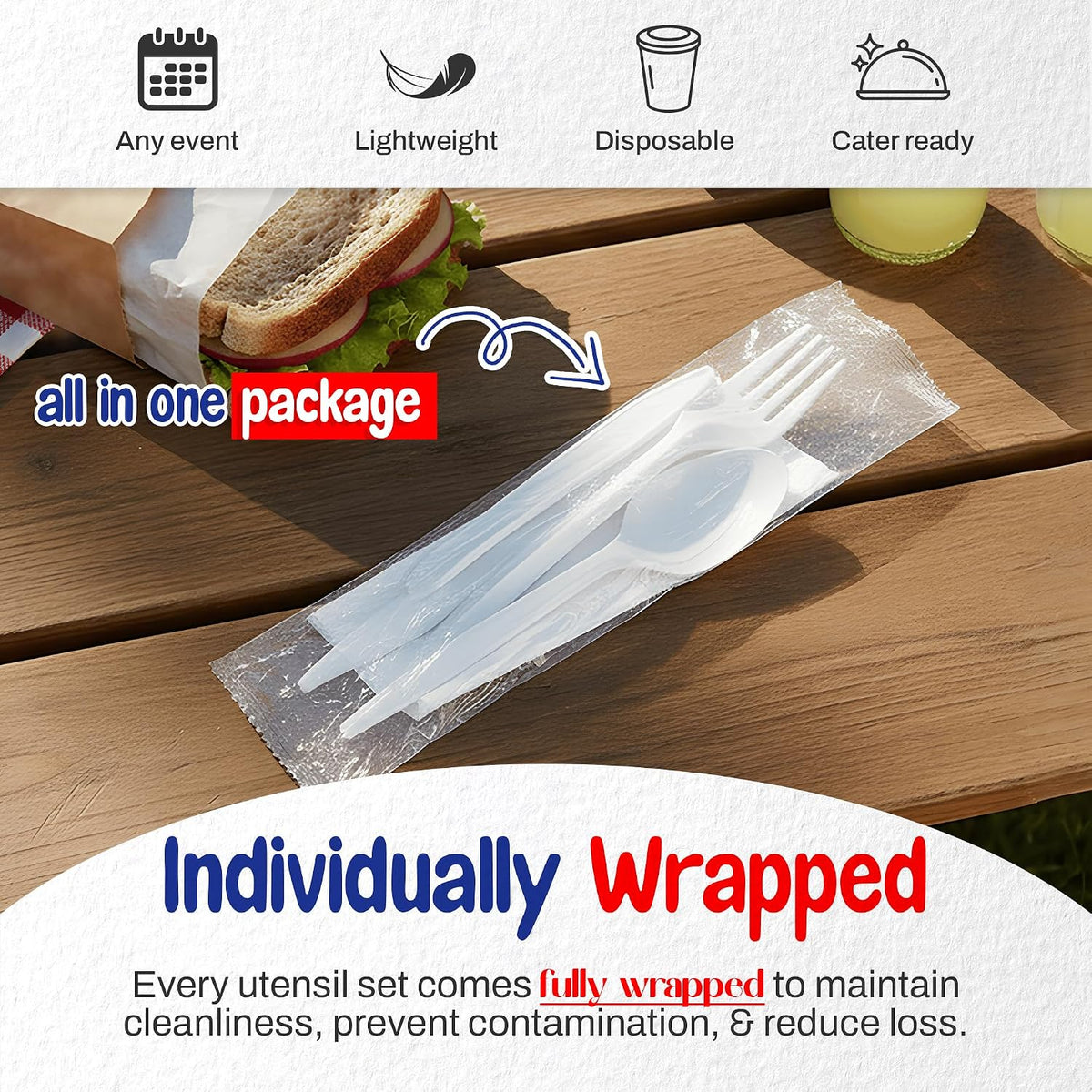 White Individually Wrapped Cutlery Plastic Utensils - Disposable Silverware Set - Pack of 50