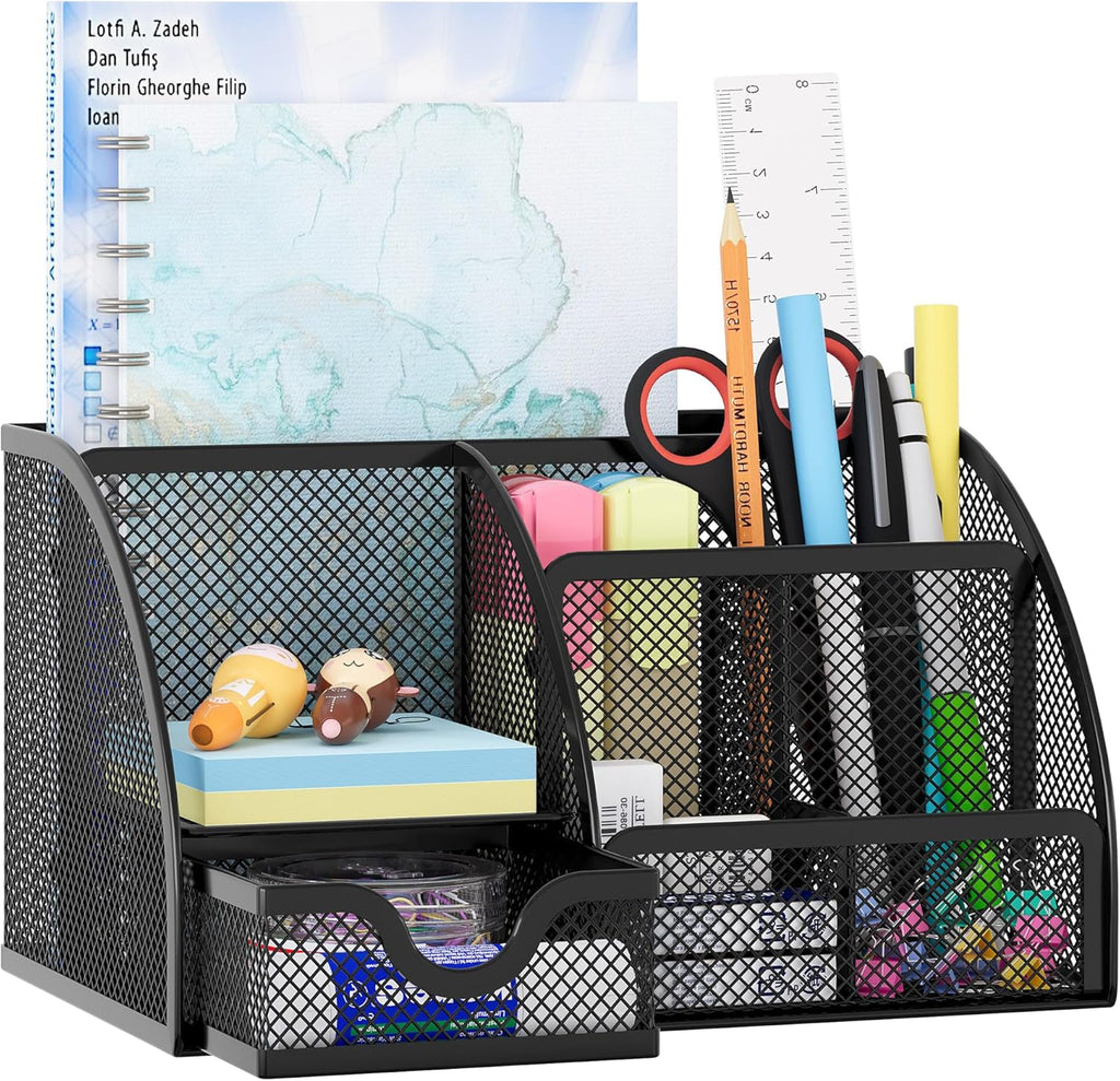 Mesh Desk Organizer with Drawer Multi-functional Pen Holder Stationery Organizer for Office School Supplies 6