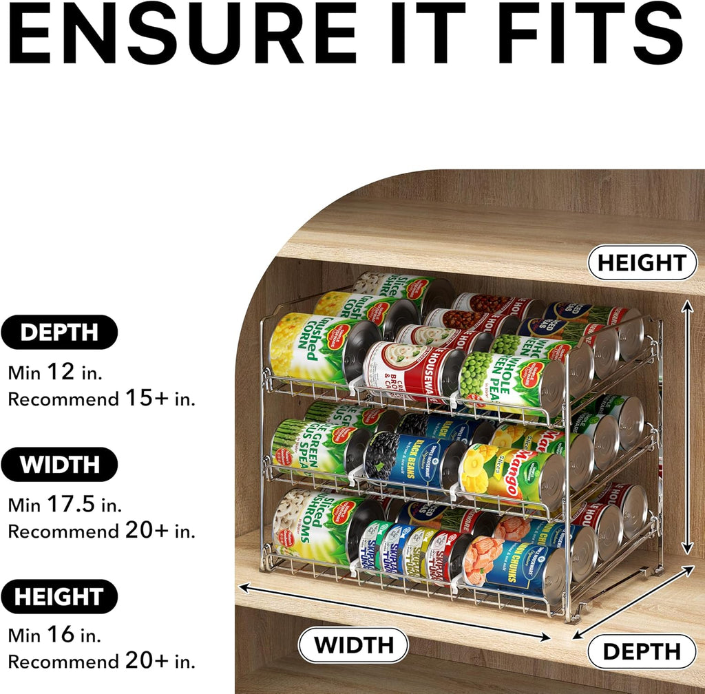 Stackable Can Organizer Rack for Pantry/Cabinet – 11.5" D x 17" W x 13.75" H, Holds 36 Cans, 3-Tier Can Food Storage