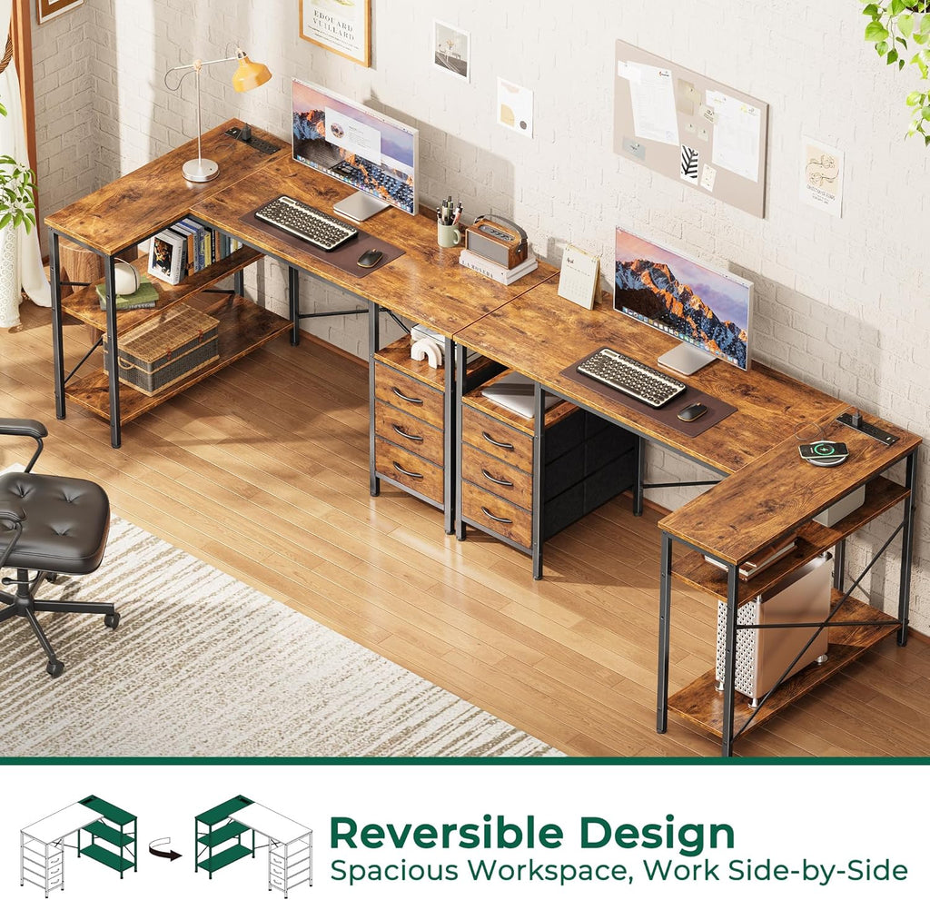 L Shaped Office Desk with Power Outlets, 47 Inch Computer Desk with 3 Drawers, Shelves