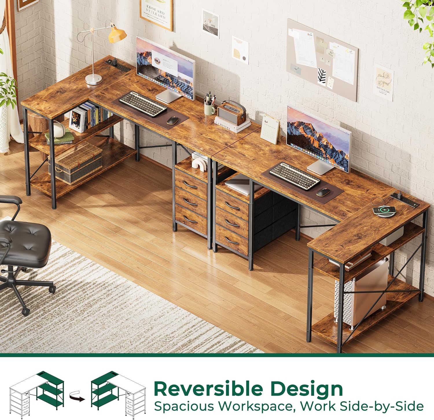 L Shaped Office Desk with Power Outlets, 47 Inch Computer Desk with 3 Drawers, Shelves