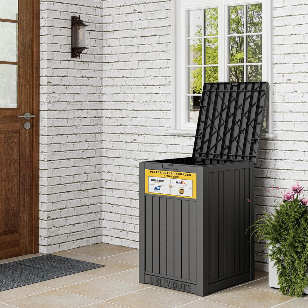 Package Delivery Box for Outside with Sign, Secure Lockable Waterproof Package Delivery Container, Resin Deck Box for