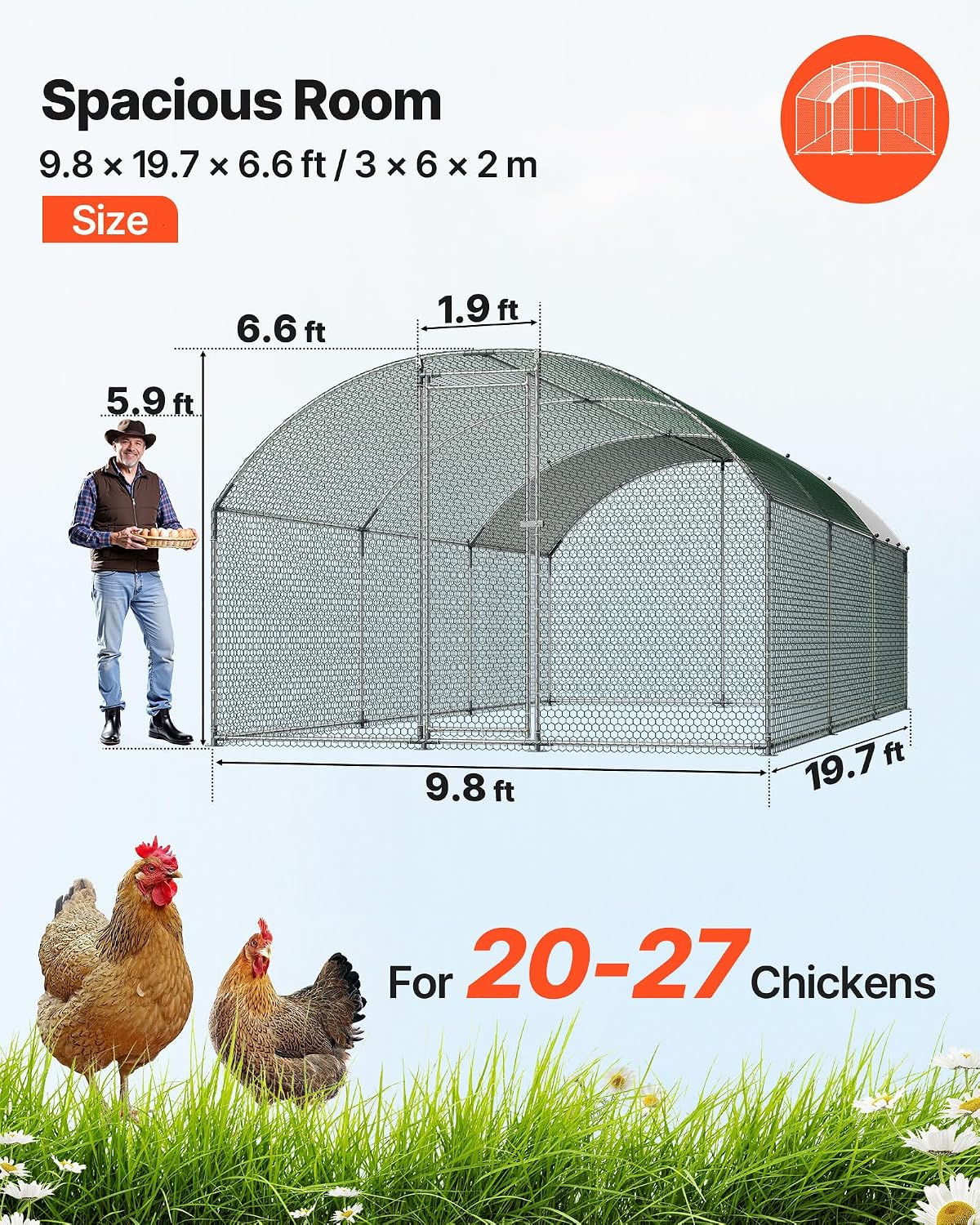 Large Metal Chicken Coop with Run, 19.6 x 9.8 x 6.5 ft Walkin Chicken Coop for Yard with Waterproof Cover, Dome Roof