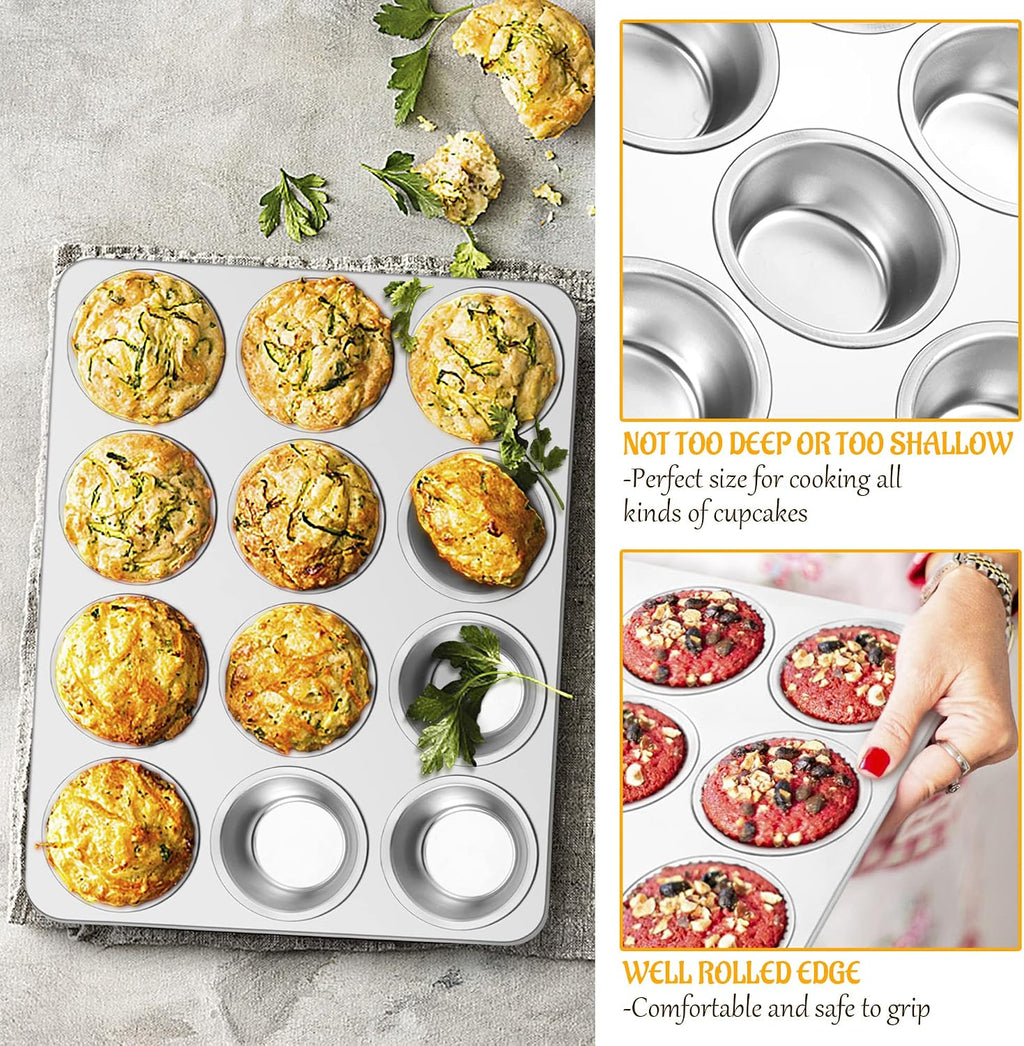 Muffin Pan 12-Cup, 2-Pack Stainless Steel Cupcake Pan for Oven