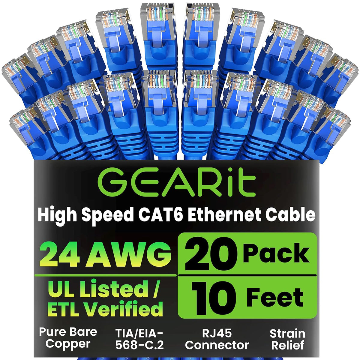 GEARit Cat6 Patch Cables 10ft Cat 6 Ethernet Cable 20-Pack Blue