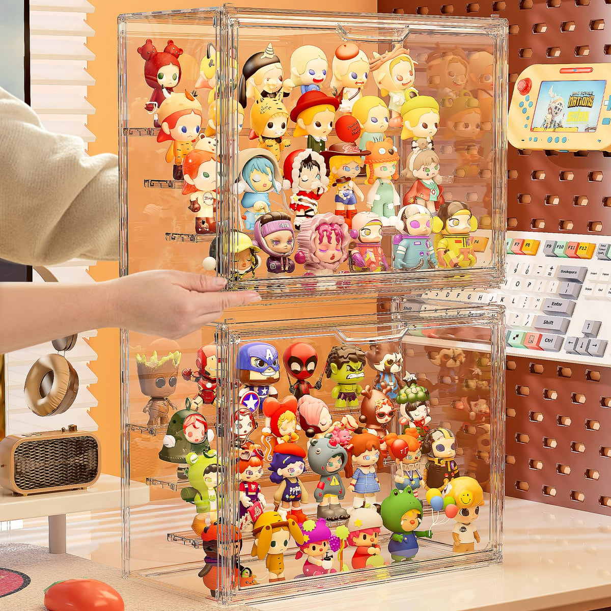 Clear Acrylic Display Case for Collectibles 4 Layer Hobby Figure Display Case Box with Shelves Stackable Figurine