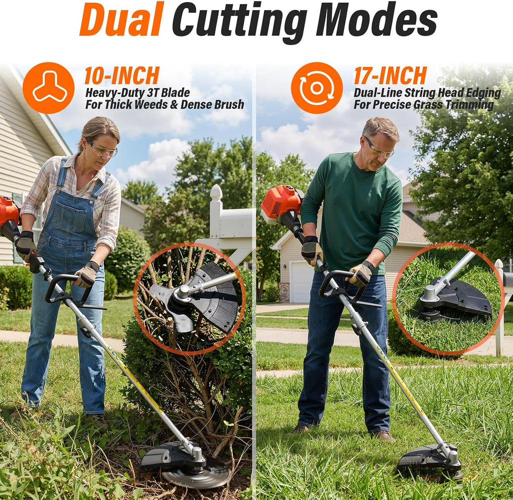 26cc Gas Weed Wacker & Brush Cutter for Mowing lawns and shrubs | String Trimmer 17-Inch with 10-Inch Brush Cutter