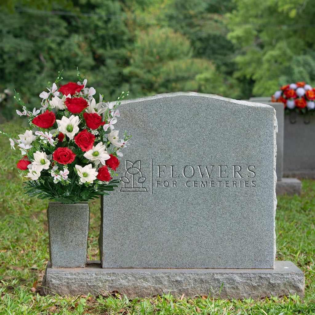 Artificial Cemetery Flowers - Gravesite Flowers - Red Roses and White Lotus - (1) Bouquet