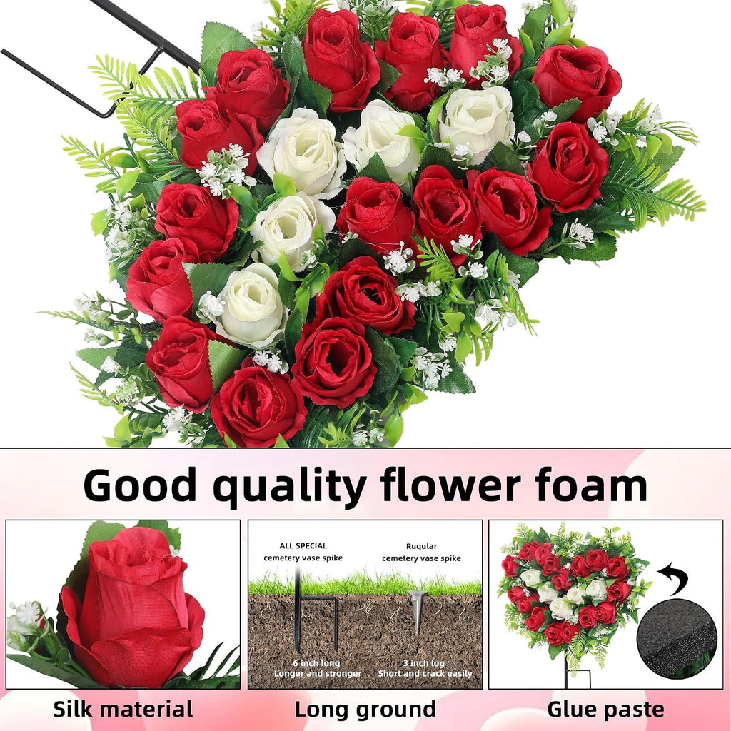 2 Sets Artificial Cemetery Flowers, Grave Memorial Flowers with Ground Spike,Heart Shaped Wreaths Rose Flowers for