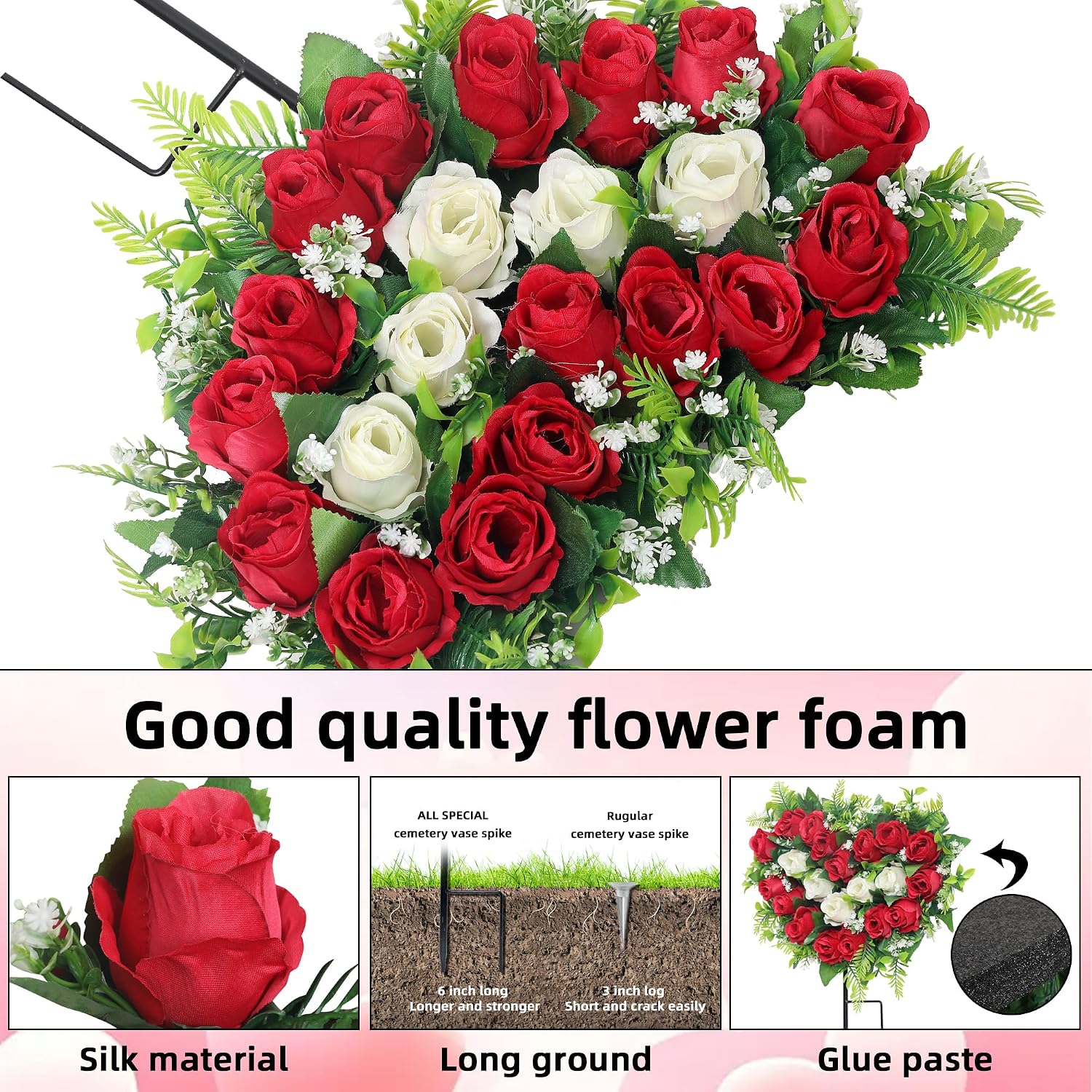 2 Sets Artificial Cemetery Flowers, Grave Memorial Flowers with Ground Spike,Heart Shaped Wreaths Rose Flowers for