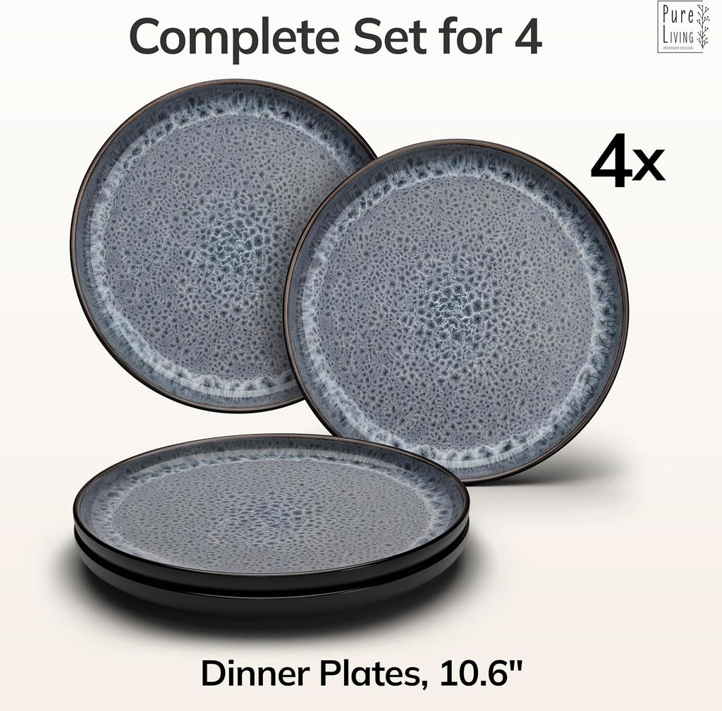 Stoneware Dinner Plate Set for 4, 10.6" Large Kitchen Plates, Raised Rim