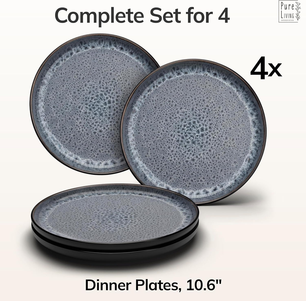 Stoneware Dinner Plate Set for 4, 10.6" Large Kitchen Plates, Raised Rim