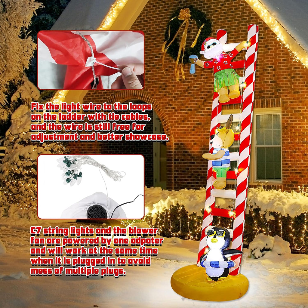 10FT Christmas Inflatable, Hawaii Beach Themed Giant Ladder | Lighted Blowups, Climbed with Penguin, Reindeer, Santa