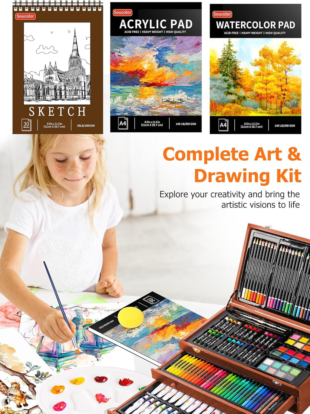 Art Supplies, 192-Pack Deluxe Art Set Drawing Painting Supplies Kit with Acrylic Pad, Watercolor Pad, Sketch Book