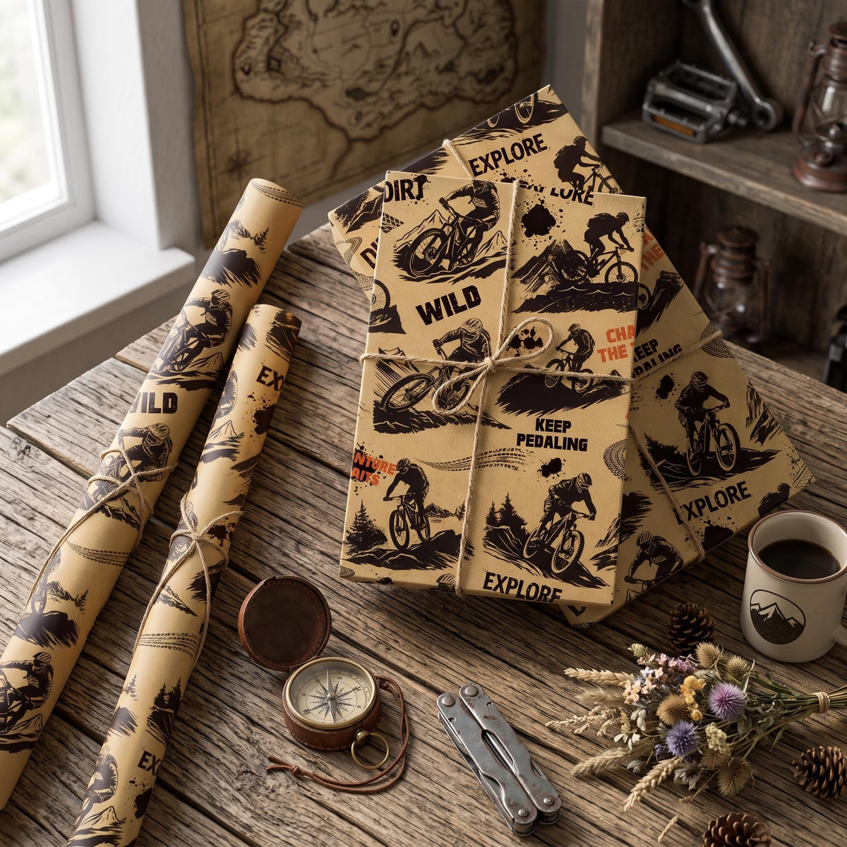 Mountain Bike Kraft Wrapping Paper Roll, Dirt Bike Life Gift Wrap for Cycling Lover, Birthday, Outdoor Party, 17 Inch