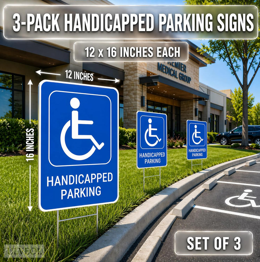 Set of 3 Handicapped Parking Sign with Metal Wire H-Stakes - Double Sided Plastic Reserved Parking Signs - 12x16