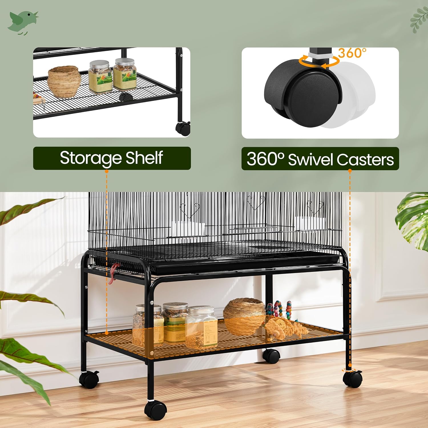 53'' Large Bird Cage Budgie Cage for Parakeets Cockatiels Conures Lovebirds Parrots with Rolling Stand