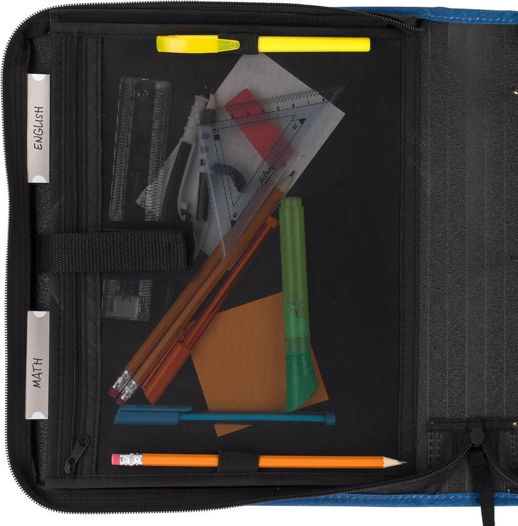 Zipper Binder, 1-1/2 Inch 3-Ring Binder with Round Rings, 3-Pocket Expanding File, 500 Sheet Capacity, Blue (72202)