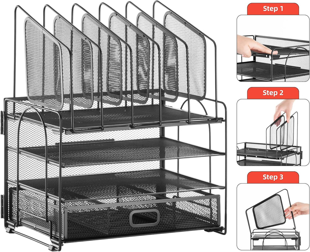 Desk organizer with Drawer, 4-Tier Mesh File Organizer with 5 Vertical File Holders and 2 Pen Holders, Multifunction