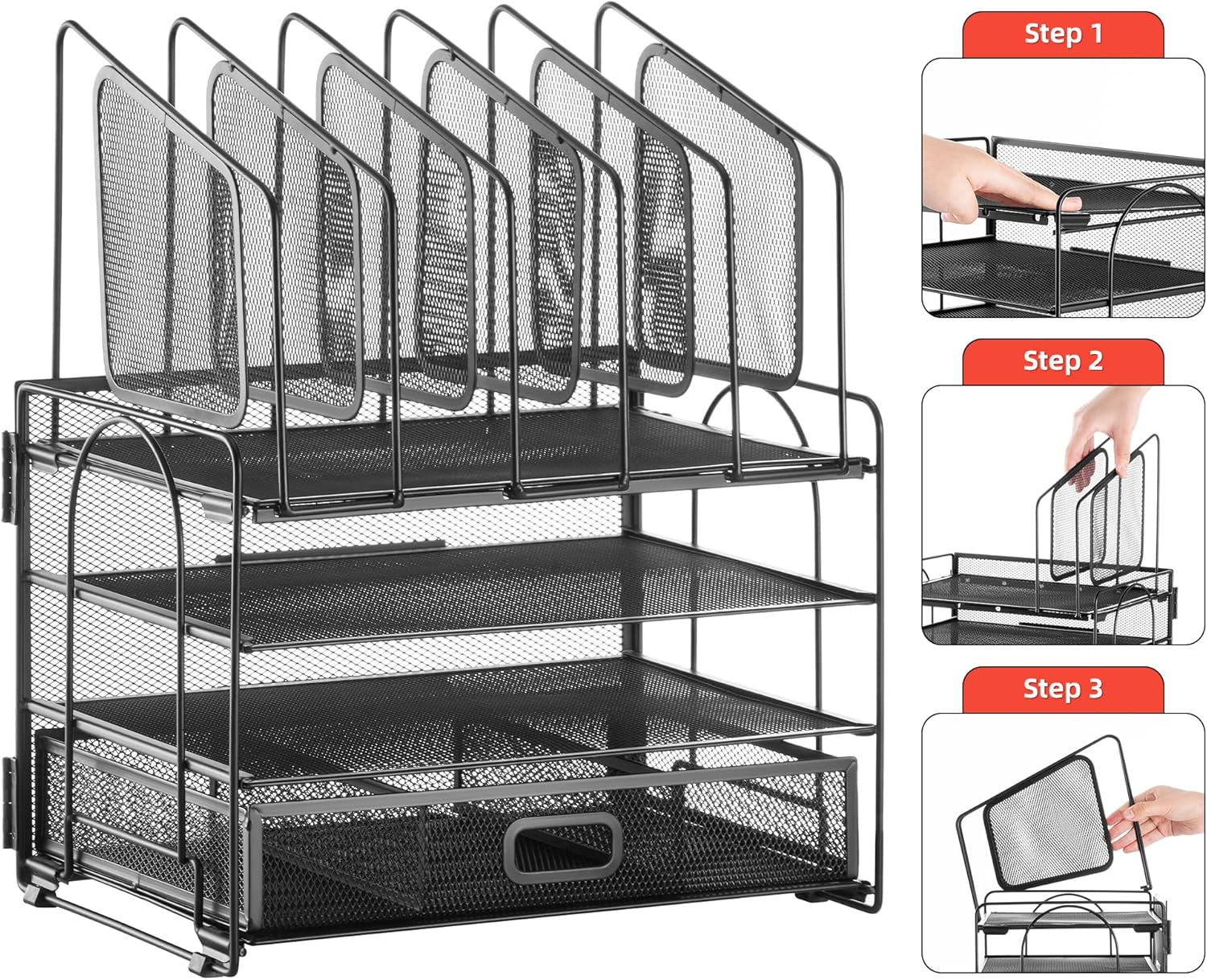 Desk organizer with Drawer, 4-Tier Mesh File Organizer with 5 Vertical File Holders and 2 Pen Holders, Multifunction