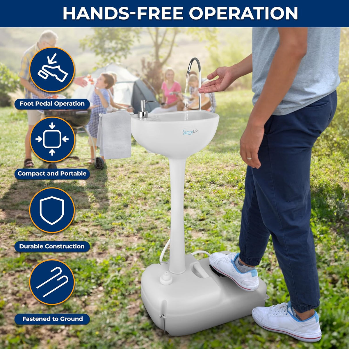 Portable Hand Washing Station, 100+ Hand Washes, Hands-Free Foot Pump, Soap Dispenser, and Drain Hose, Ideal for