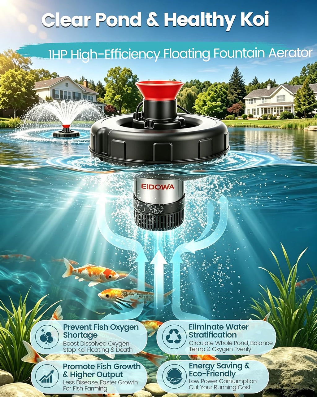 1HP Floating Pond Fountain Aerator, 15000GPH, 110V, Red