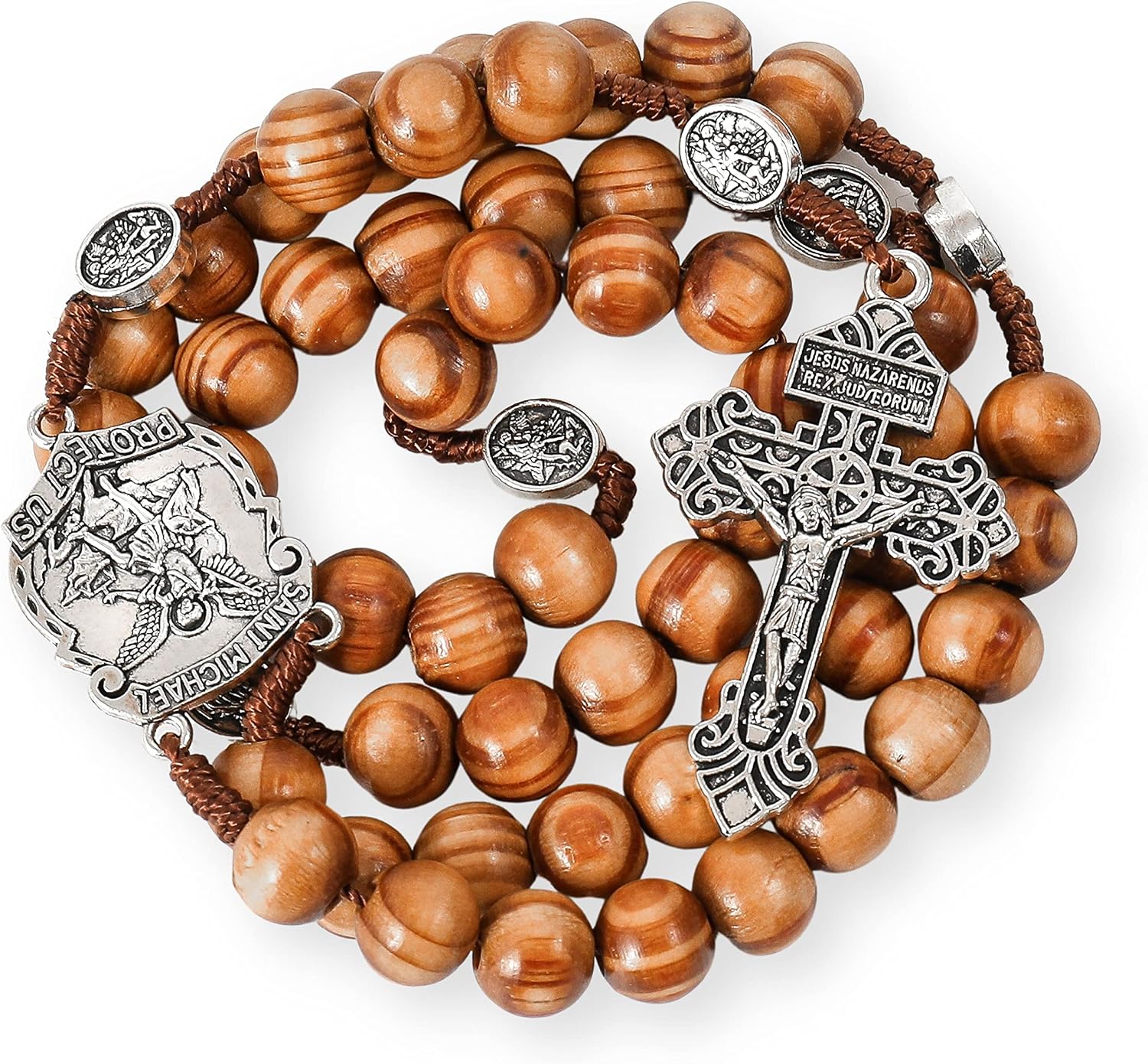 Nazareth Store Sacred St Michael Wood Beads Rosary Solid Wooden Prayer Chaplet with Cross Saint Medal & Silver Pardon