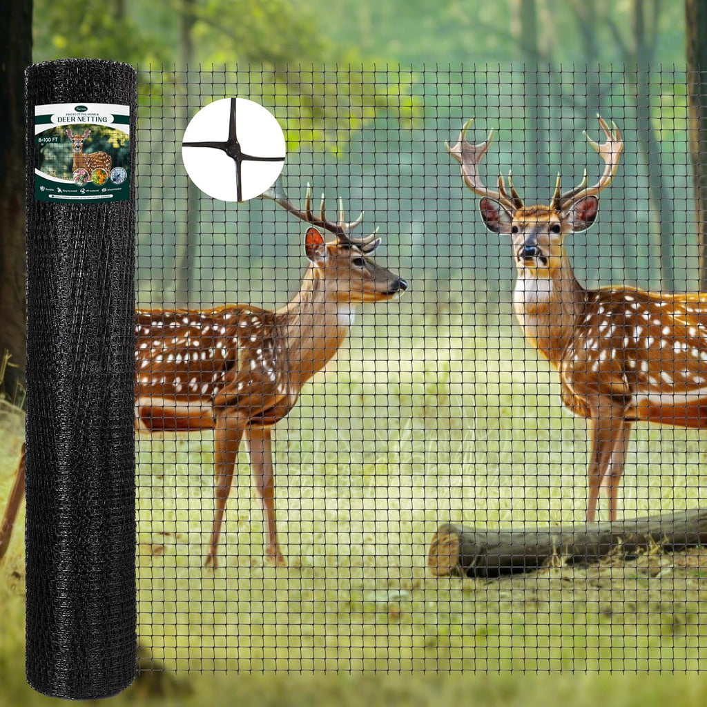 Deer Fence Netting, 8FT x 100FT Heavy Duty Black PP Coated, Garden Protection Barrier, 0.7"x0.7" 70gr/sqm Mesh