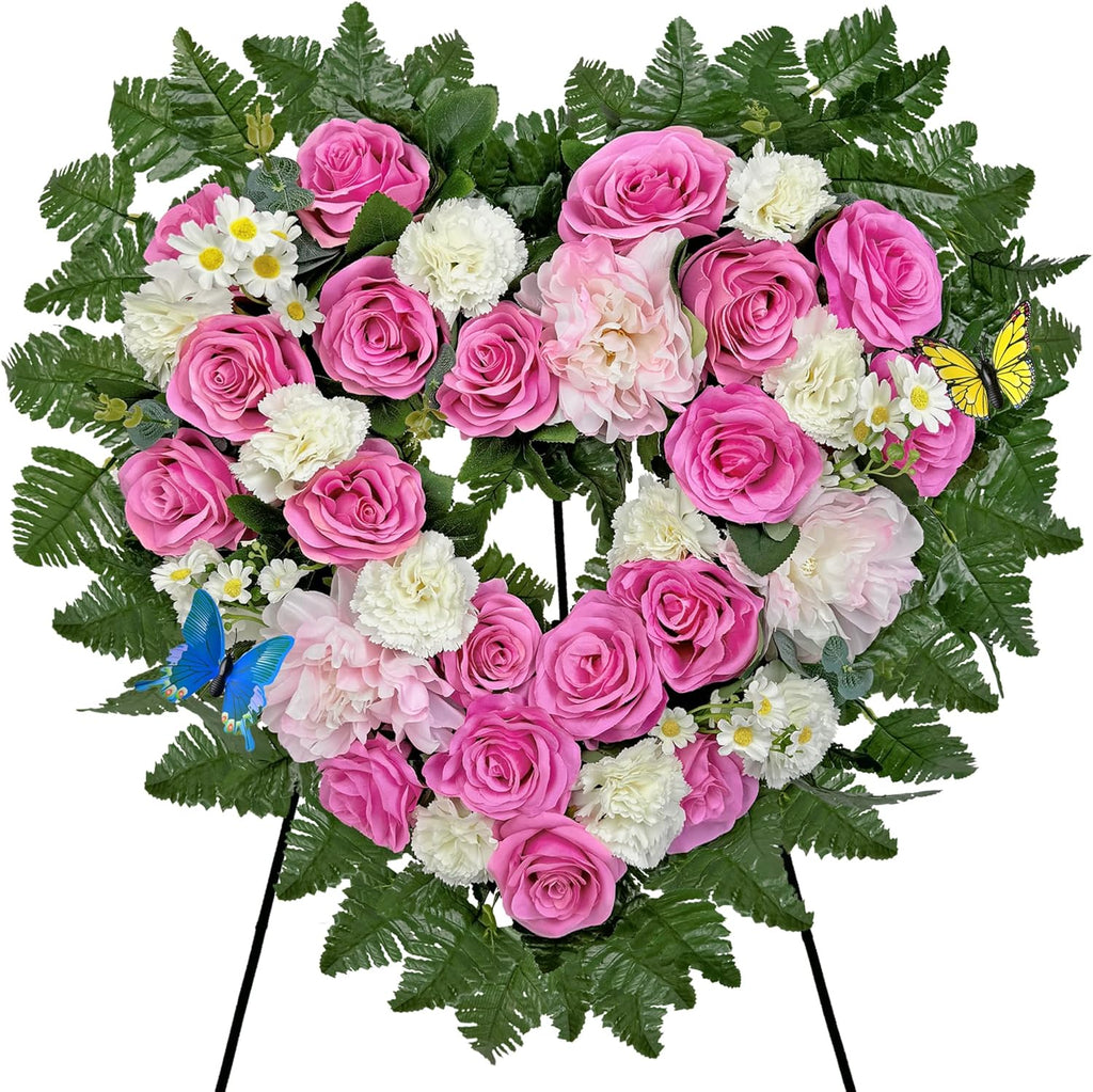 Cemetery Flower Wreaths for Grave Decorations- Elegant Remembrance Standing Heart,Memorial Floral with Easel