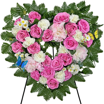 Cemetery Flower Wreaths for Grave Decorations- Elegant Remembrance Standing Heart,Memorial Floral with Easel